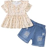 Mikrdoo Baby Girl Clothes Toddler Girl Summer Outfits Shirts Tops Ripped Denim Shorts Set Little Girls Clothes
