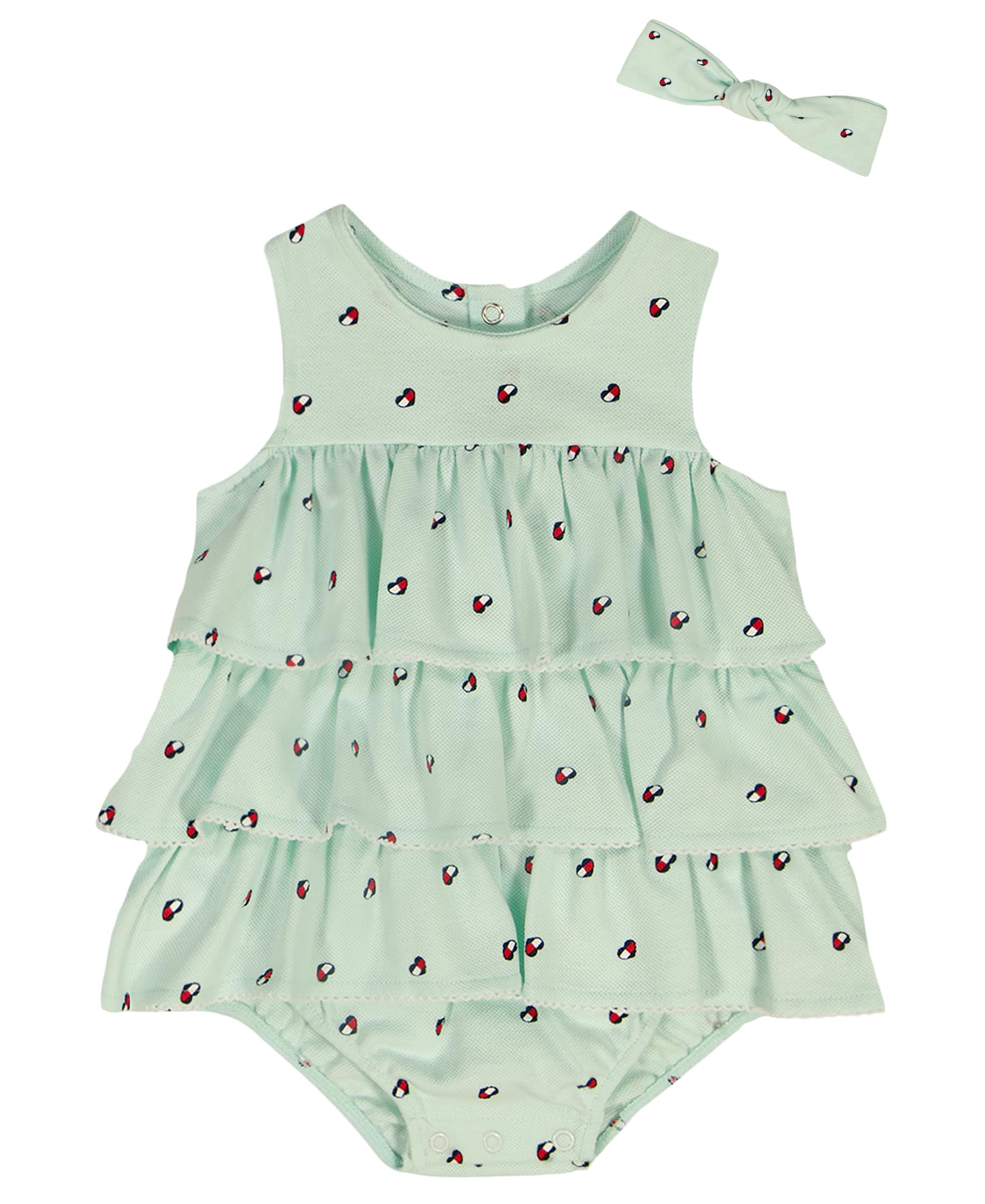 Tommy Hilfiger Baby Girl’s 2-Piece Bubble Sunsuit with Headband, Mint Heart Flag, 6-9 Months