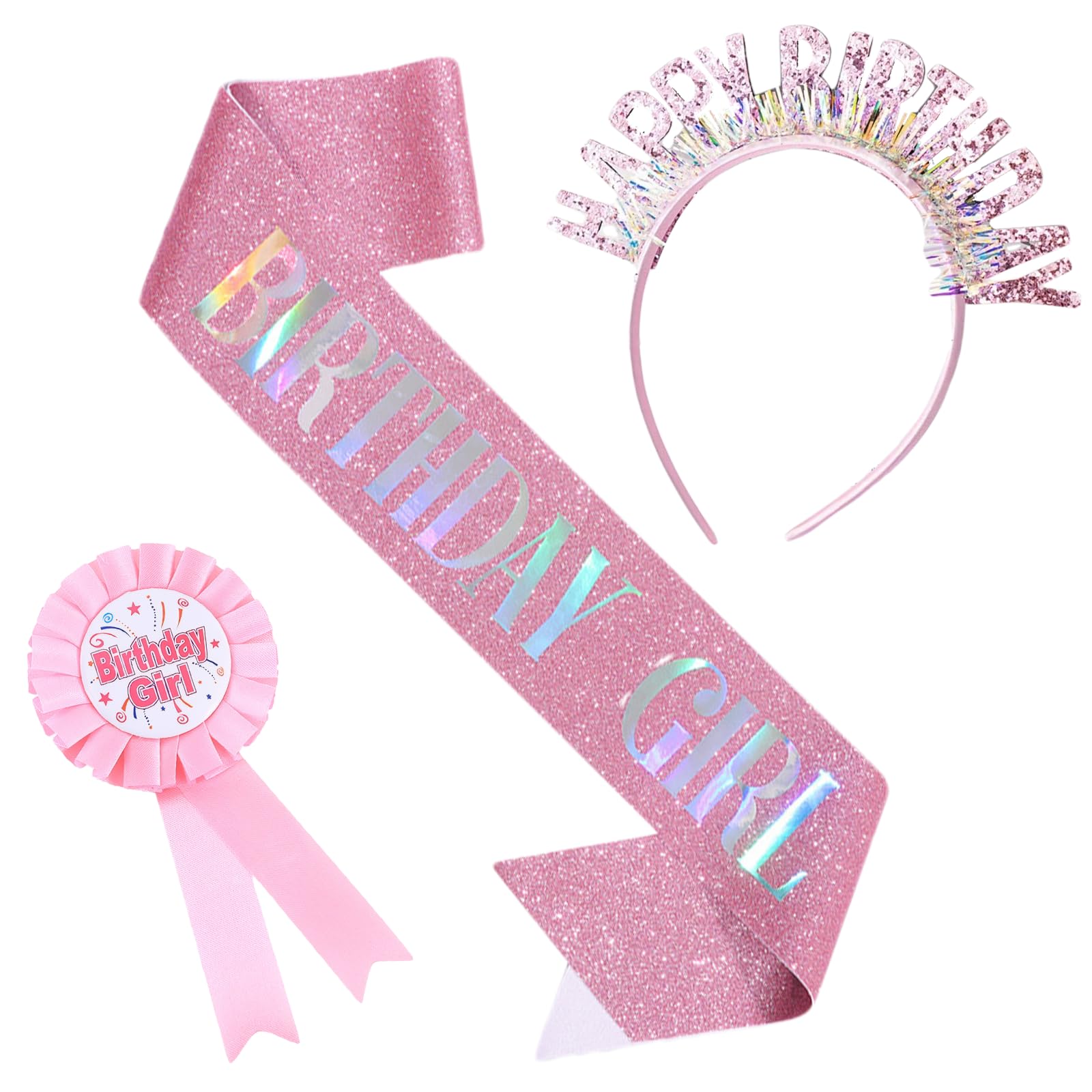 fKiZanthene Birthday Girl Set, Pink Happy Birthday Headband with Sash & Badge, 3-Piece Party Accessory Kit for Girls & Women