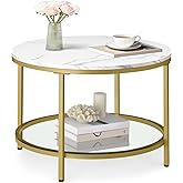 VASAGLE Round Coffee Table, 2-Tier Small Coffee Table with Faux Marble Top and Glass Shelf, Modern Style, for Living Room, 25