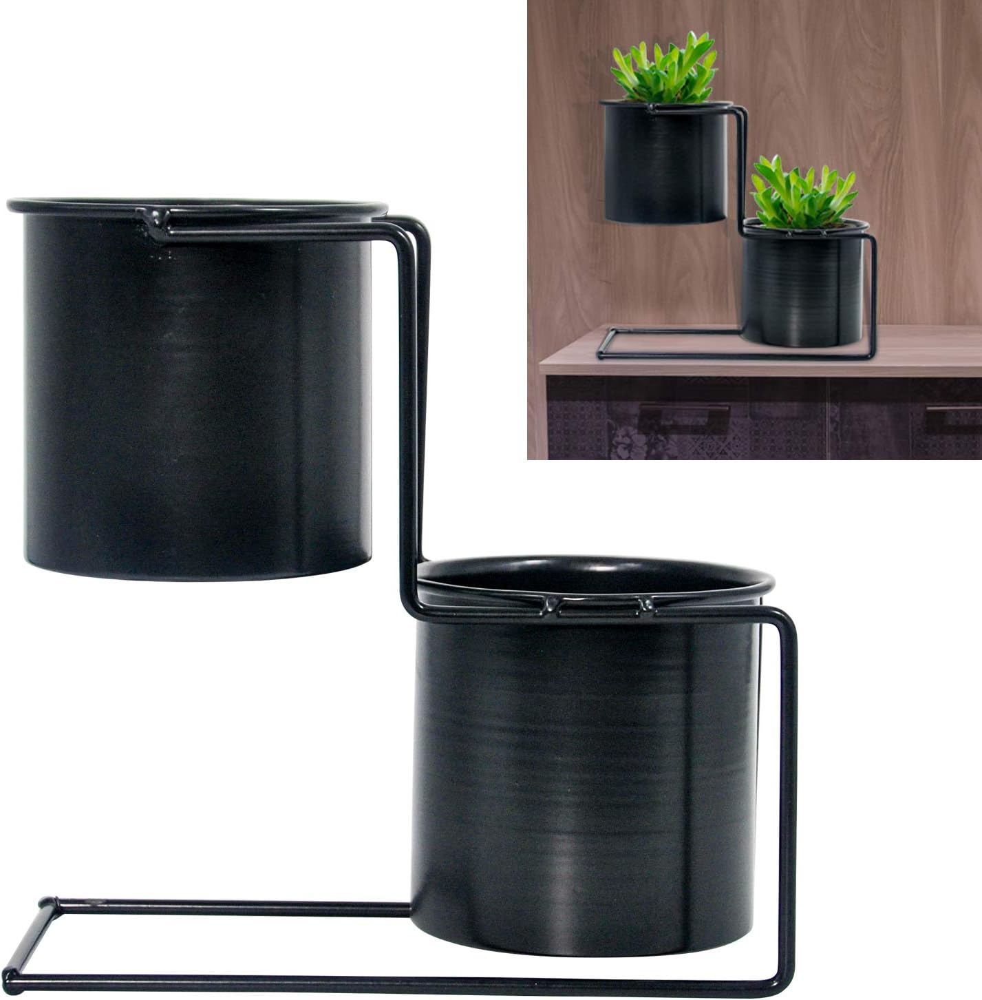 2 in 1 Metal Round Modern Flower Vase Stepped Iron Tabletop Plant Pots with Stand Indoor Outdoor Balcony, Tabletop, Bathroom, Kitchen, Bedroom, Study, Office Desktop Decoration (Black)