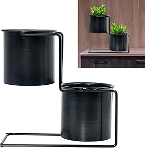2 in 1 Metal Round Modern Flower Vase Stepped Iron Tabletop Plant Pots with Stand Indoor Outdoor Balcony, Tabletop, Bathroom, Kitchen, Bedroom, Study, Office Desktop Decoration (Black)