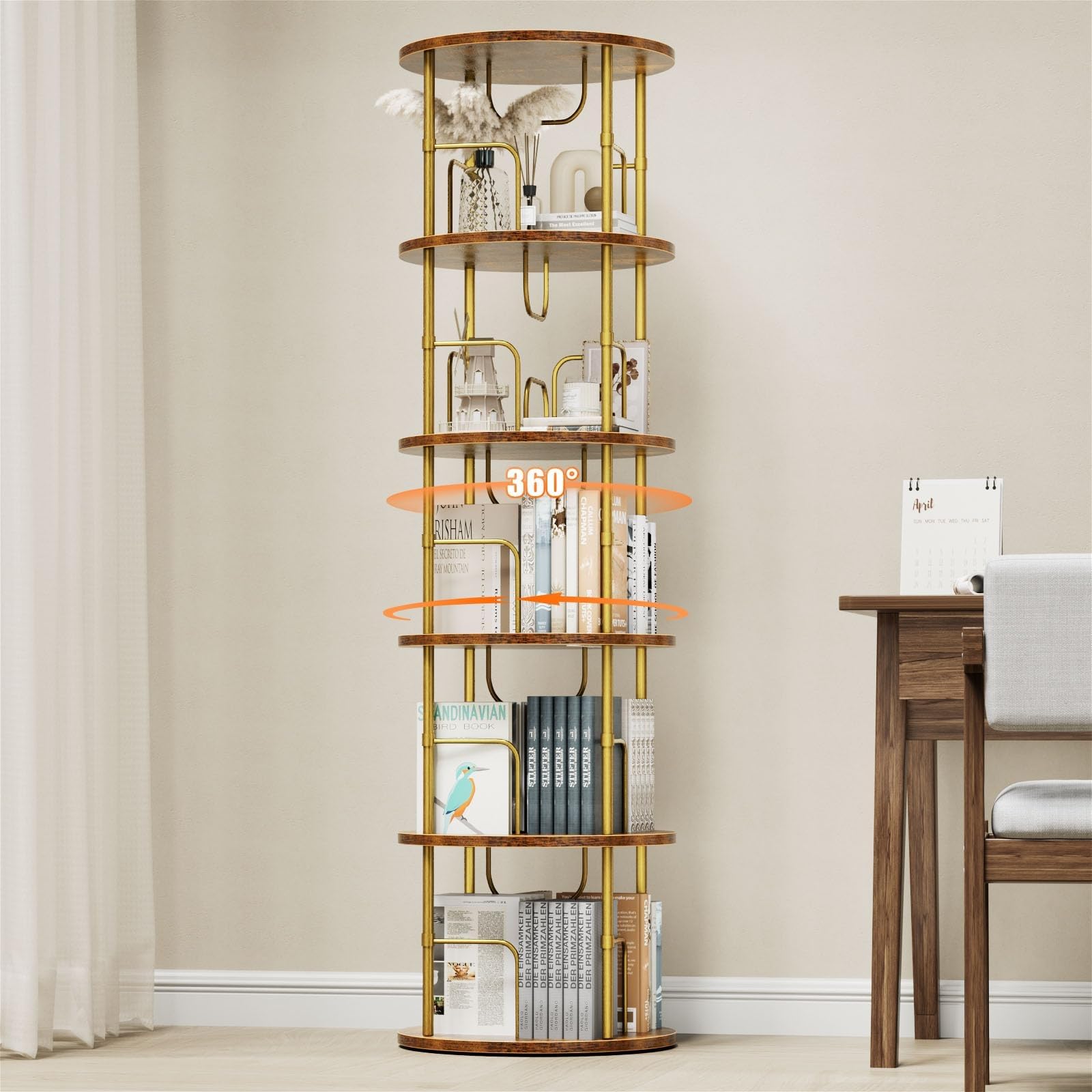 Photo 1 of ALLSTAND 5 Tier Rotating Bookshelf, 360 ° Display Stackable Spinning Bookshelf Tower, Narrow Space Saving Tall Floor Standing Swivel Bookcase Corner Storage Organizer for Bedroom, Living Room, Gold