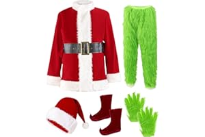 Buheco Christmas Costume for Men 7PCS Deluxe Adult Santa Outfit Suit Furry Professional Xmas Halloween Monster Cosplay Adults