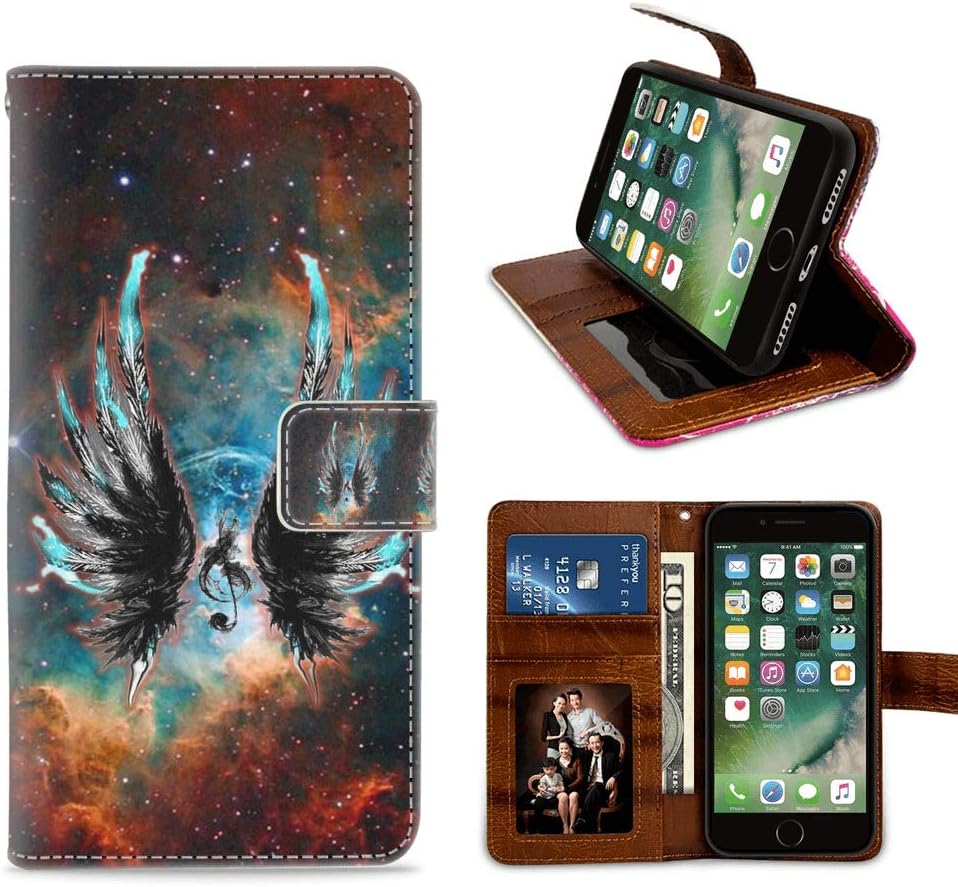 BLGMAN Premium PU Leather Wallet Case for iPhone 7/8 Plus, Black Wings Outerspace Flip Case Card Holder ID Slot and Hands Strap Cover Case