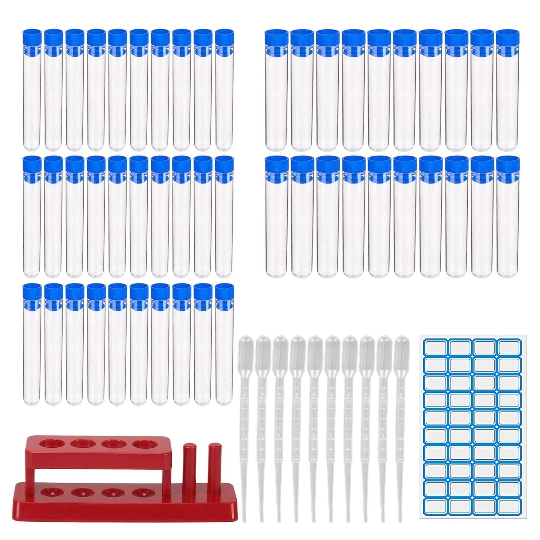 Test Tubes,50 pcs PlasticTubes with Lids Laboratory Sample Storage Tube Containers Bottles Test Vials with 10Pcs Pippets Dropper 1 Sample Rack and Lables,for Scientific Experiment,Beads,Crafts