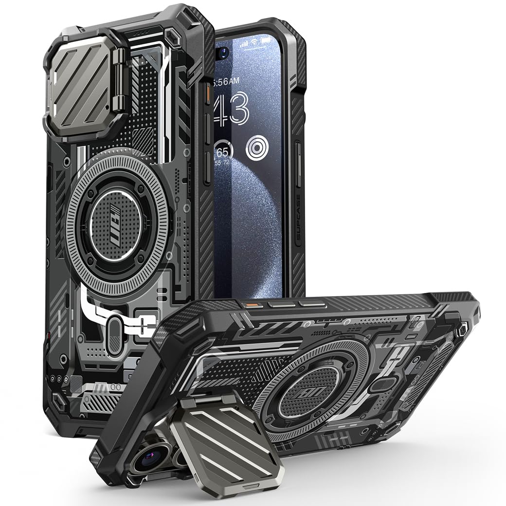 SUPCASE for iPhone 15 Pro Max Case with Camera Cover & Stand (UBMag XT) [Compatible with MagSafe] [Built-in Kickstand] [Military-Grade Protection] Heavy Duty Rugged Magnetic Phone Case, BalckCircuit