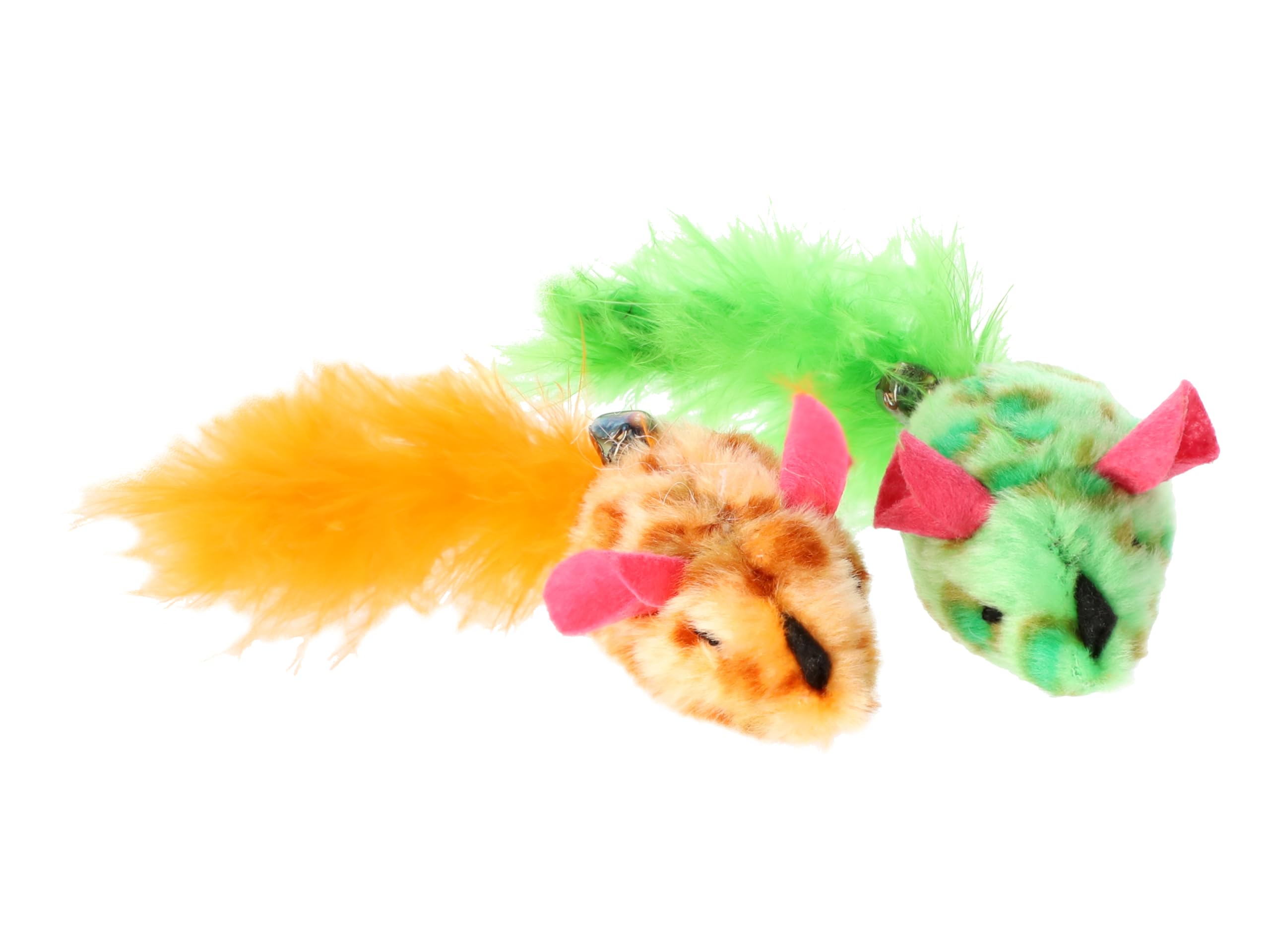DINGO Cat Toy Set: 2 x Knitwear Mice with Attached Bells and Fluffy Tails, for Play and Hunting. Lightweight Pet Toys, Colours Orange and Green (21248)