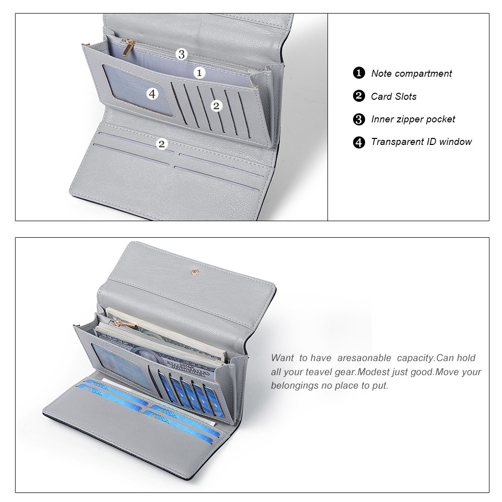 Wallet for Women Leather Large Capacity Trifold Checkbook Card Holder Organizer with Snap Closure Ladies Clutch black