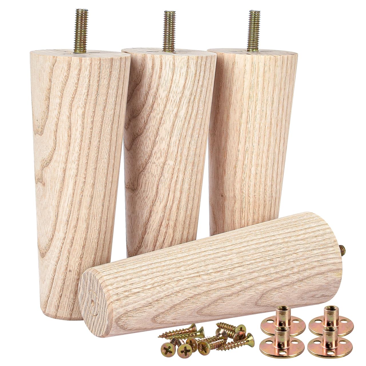 Btowin VCF 8 Inch / 20cm Ash Wood Furniture Legs, 4 Pcs Modern Unfinished Wooden Replacement Feet with Threaded M8 Hanger Bolts & Mounting Plate & Screws for Sofa Couch Armchair Cabinet