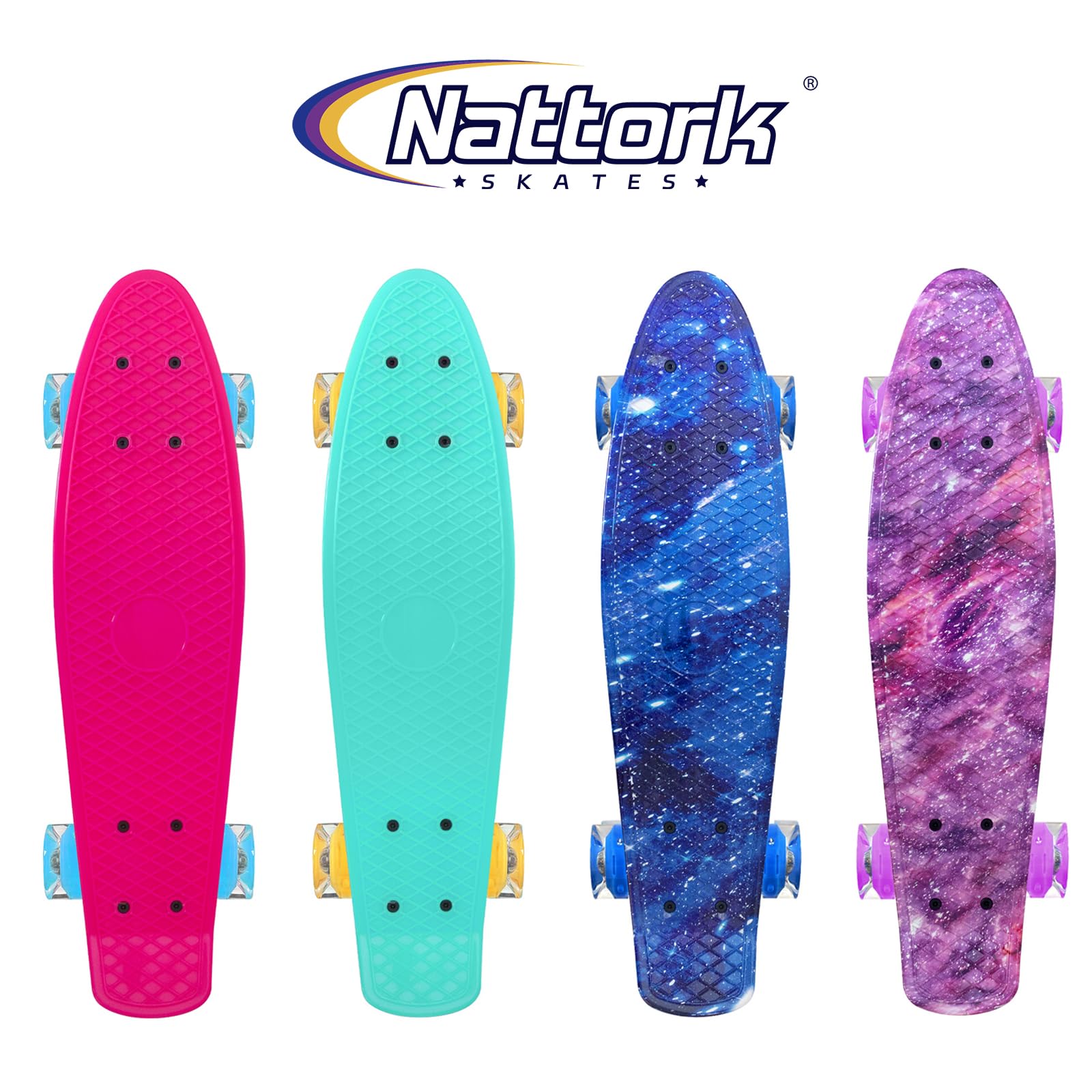 Nattork Skateboards 22 Inch Mini Cruiser Skateboard Complete Retro Skate Boards with Colorful Light Up Wheels for Kids Girls Boys Beginners