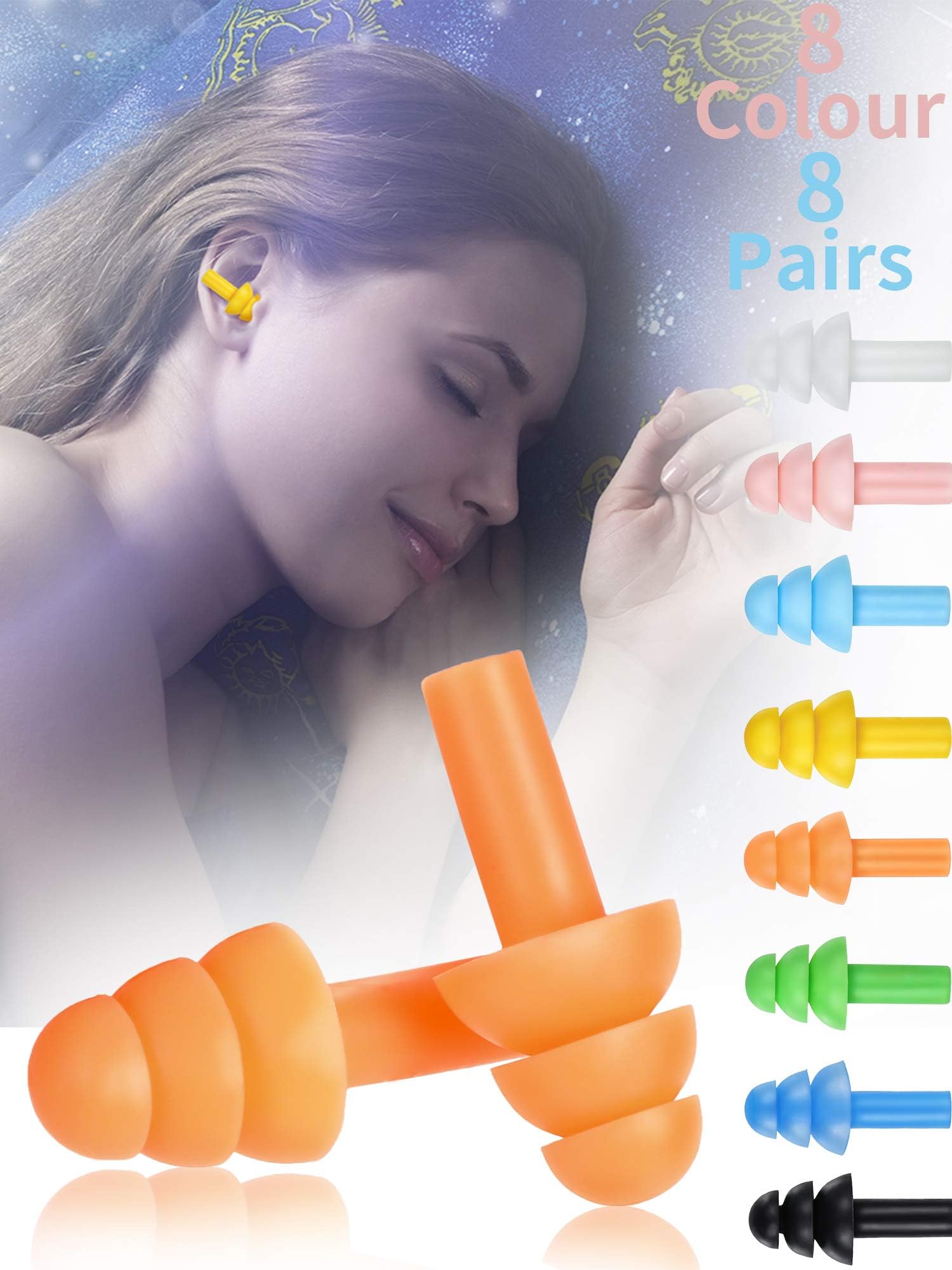 Swimming Earplugs Waterproof Ear Plugs Silicone Noise Cancelling Earplugs with Storage Boxes for Sleeping Swimming (Color Set 2, 8 Pairs)