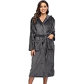 Womens Hooded Plush Bathrobe Warm Fleece Soft Long Robe Fuzzy Full Length Gown Shower Spa House Kimono for Women