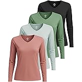 Real Essentials 4 Pack: Women's Long Sleeve Dry Fit V-Neck T-Shirt - Active Athletic Workout Gym Top (Plus Available)