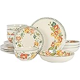 Bloomhouse Cassia Bud 16 Piece Double Bowl Hand Painted Stoneware Plates and Bowls Floral Dinnerware Set