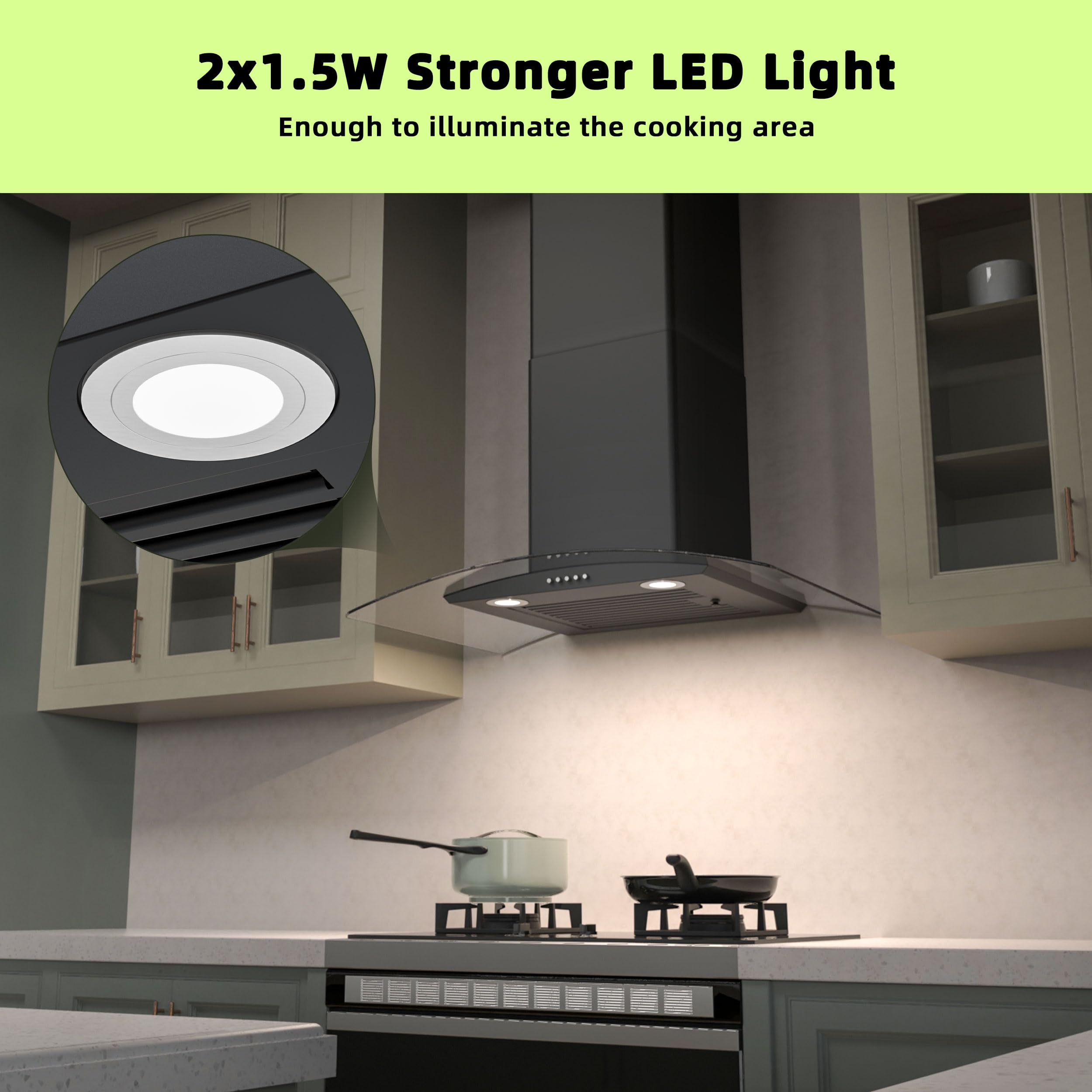 FIREGAS Wall Mount Range Hood 30 inch with 3 Speed Fan,black range hood with tempered glass,400CFM,Push Button Controls, LED Lighting, Permanent Filters in Stainless Steel,includes 2 Charcoal Filters