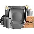 Teivio 24-piece Plastic Wheat Straw Square Dinnerware Set for 6, Unbreakable Dinner Plates, Salad Plates, Snack Bowls, Tumblers 20 oz, Dishwasher Safe (Service for 6 (24 pieces), Grey)