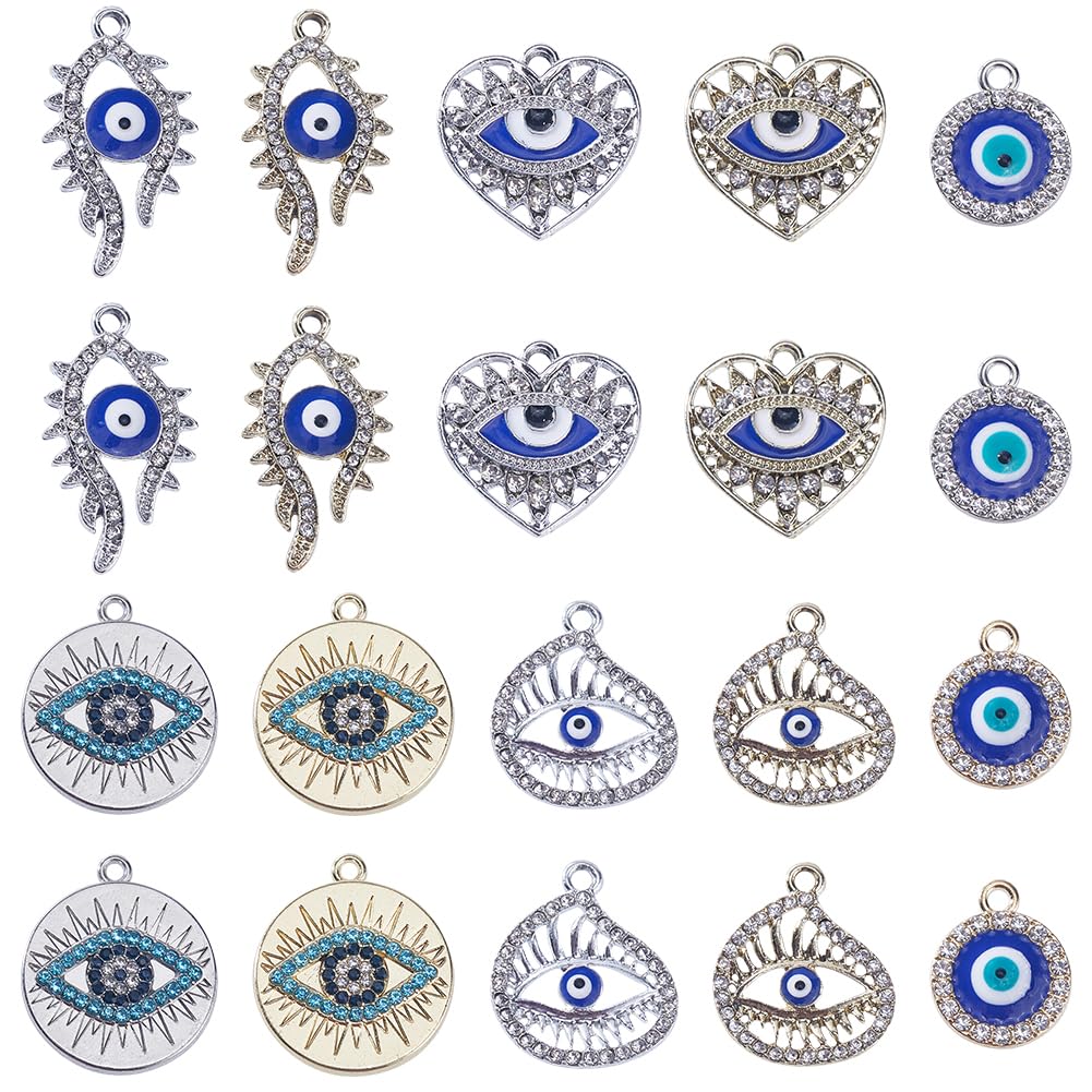 SUNNYCLUE 1 Box 40Pcs 5 Styles Silver Evil Eyes Charms Gold Eye Charms Bulk Alloy Enamel Rhinestone Heart Round Flatback for jewellery Making Women DIY Necklaces Earrings Bracelets Crafts — image 1