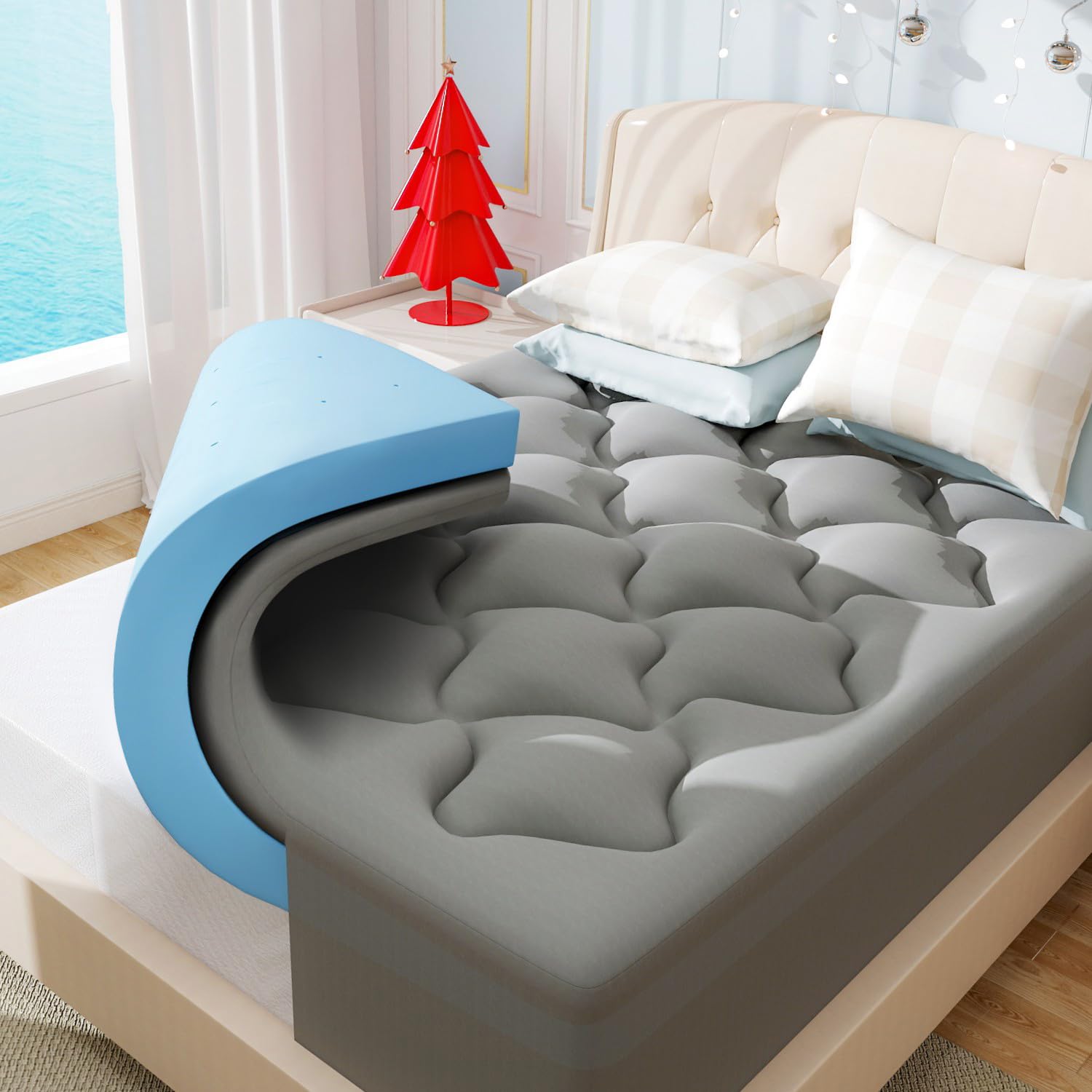 Photo 1 of MUUEGM Dual Layer 4 Inch Memory Foam Mattress Topper King Size,3 Inch Gel Memory Foam Plus 1 Inch Cooling Pillow Top Cover with 8-21 Inch Deep Pocket,Mattress Pad for Back Pain,Grey