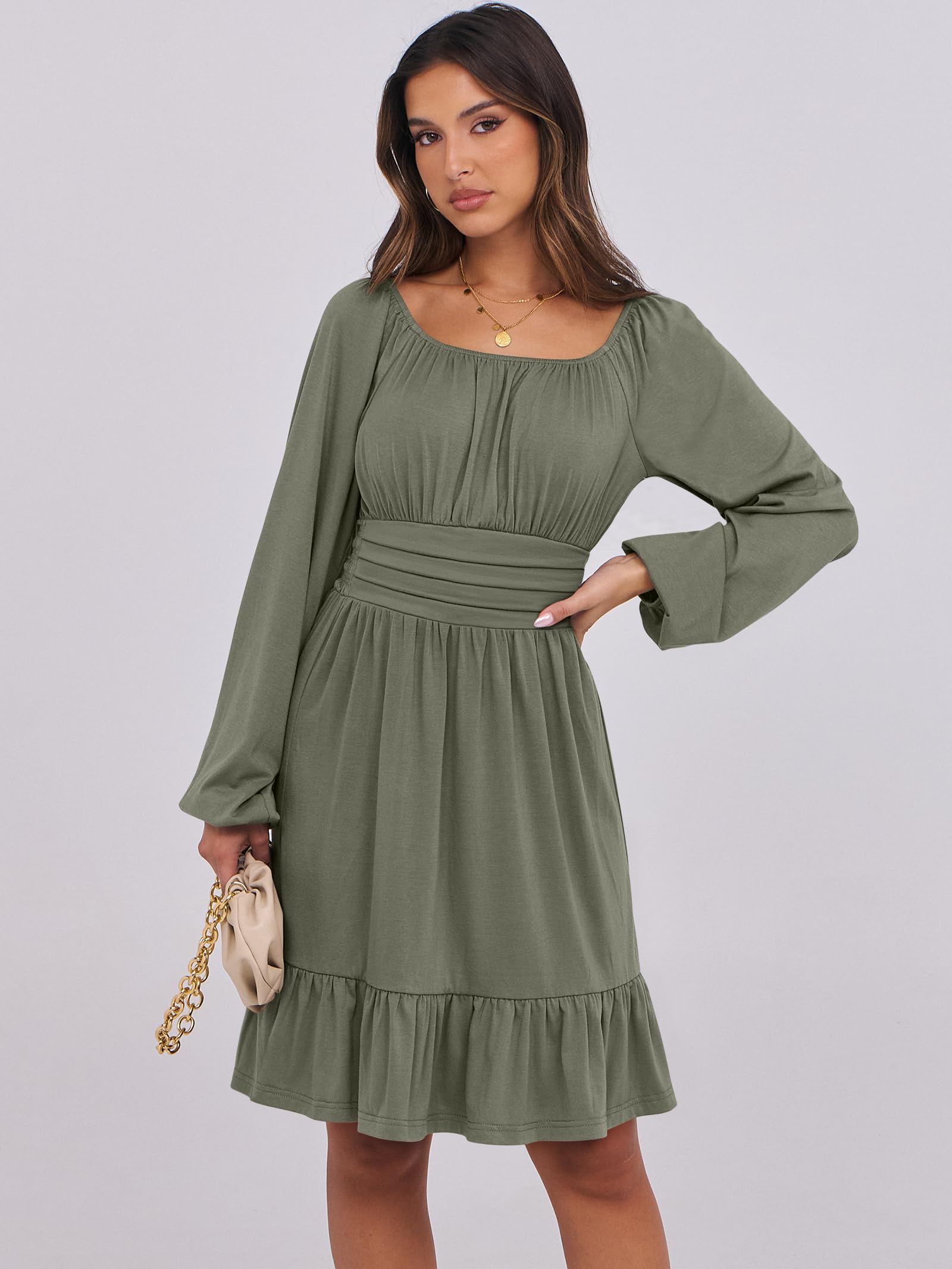 ANRABESS Womens Dress Long Lantern Sleeve Square Neck Elastic Waist Ruffle Flowy Swing A-Line Short Dresses 2025 Fall Fashion Army Green X-Small - Image 2