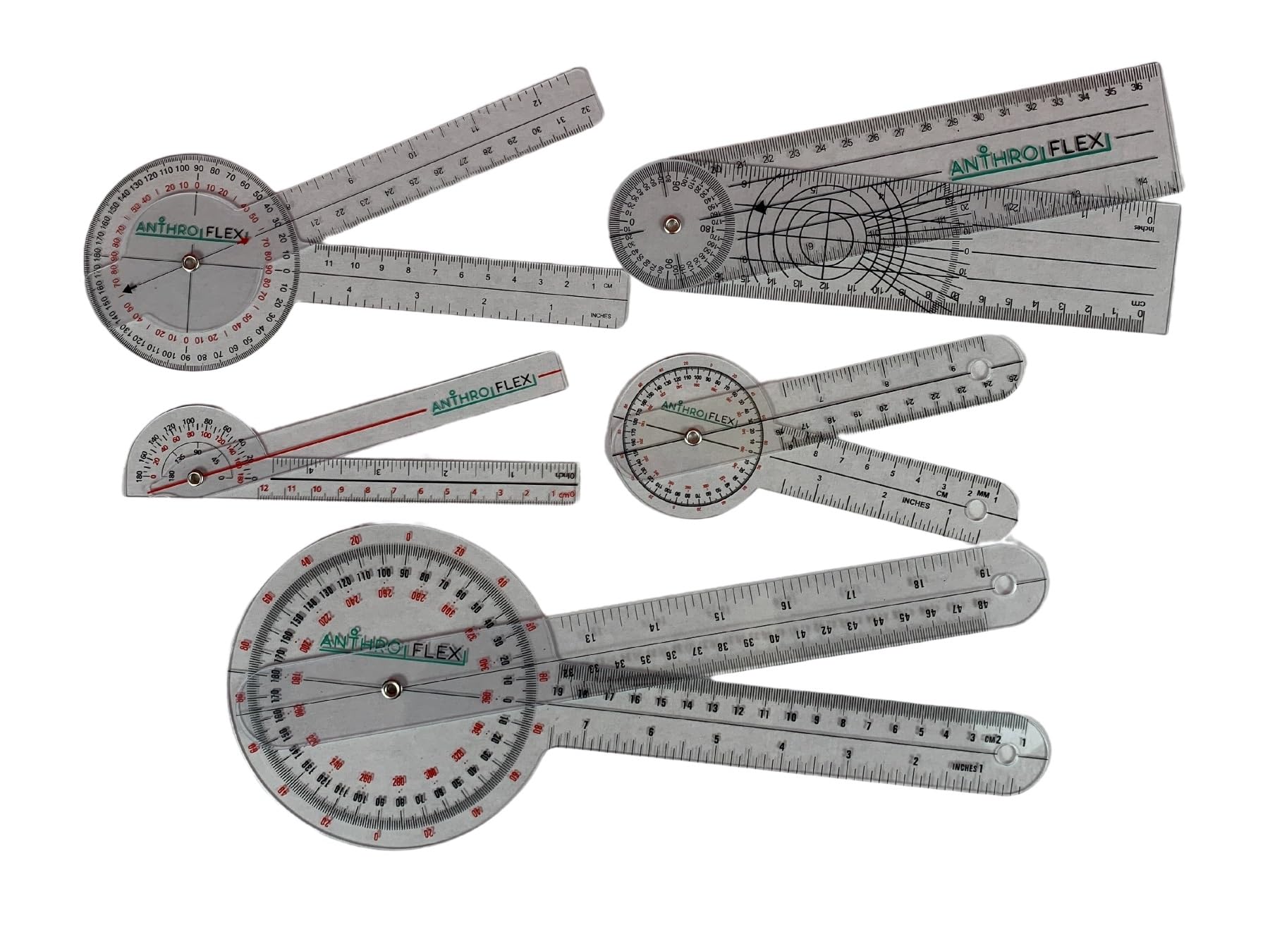 AnthroFlex Goniometer Set of 6: 12", 8", 6", 180, Finger, Spinal - To Measure Range of Motion of Joints For Physcial Therapy and Occupational Therapy - CM and Inches, Made of Durable Plastic