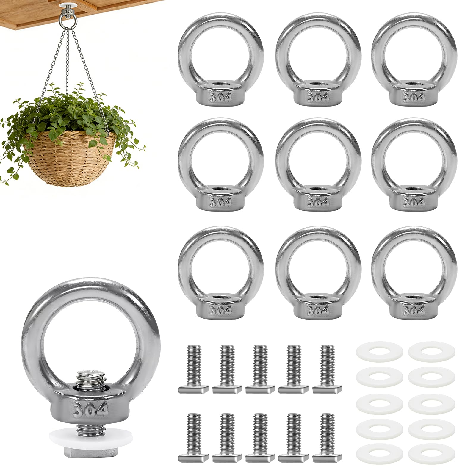 EXLECO 10 x Stainless Steel Greenhouse Clips with M6 Ring Nut and Hammer Head Screw Hooks for Plants, Hanging Device, Trellis for Cucumber Tomato