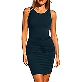 Missufe 2025 Summer Tank Dress for Women Round Neck Ruched Bodycon Ribbed Slim Fitted Casual Mini Dress