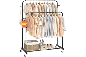 Laiensia Double Rods Garment Rack with Wheels, Clothing Rack for Hanging Clothes,4 Hooks, Multi-functional Bedroom Clothes Rack, Black