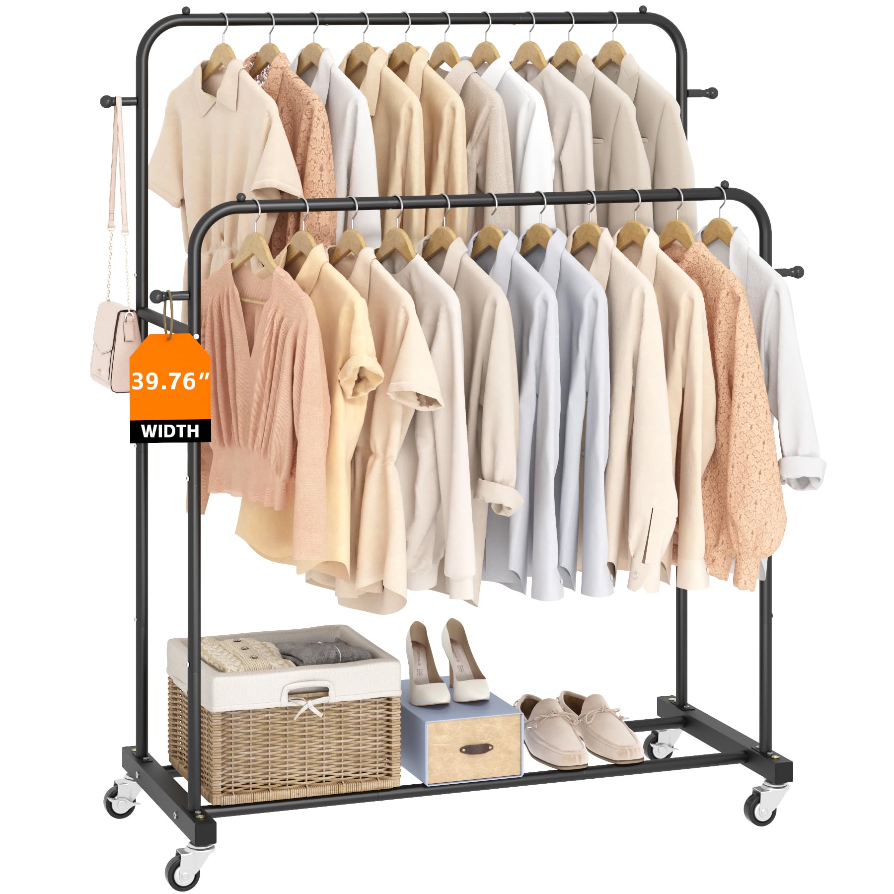 Photo 1 of Laiensia Double Rods Garment Rack with Wheels, Clothing Rack for Hanging Clothes,4 Hooks, Multi-functional Bedroom Clothes Rack, Black
