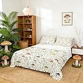 Erosebridal Cartoon Mushroom Sheet Set Flowers Branch Leaves Fitted Sheet for Kids Child,Colorful Mushroom Kawaii Bed Sheets Jungle Botanical Bedroom Decor King Size