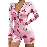 WDIRARA Women's Heart Cherry Print Romper Pajama V Neck Long Sleeve Button Front Sexy Onesie Bodycon Overall