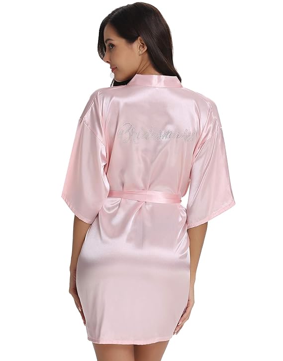 Vlazom Hochzeits Roben Satin Kimono Kurz Robe Bademantel Morgenmantel V Ausschnitt mit Gürtel für Braut Hochzeit Aprty