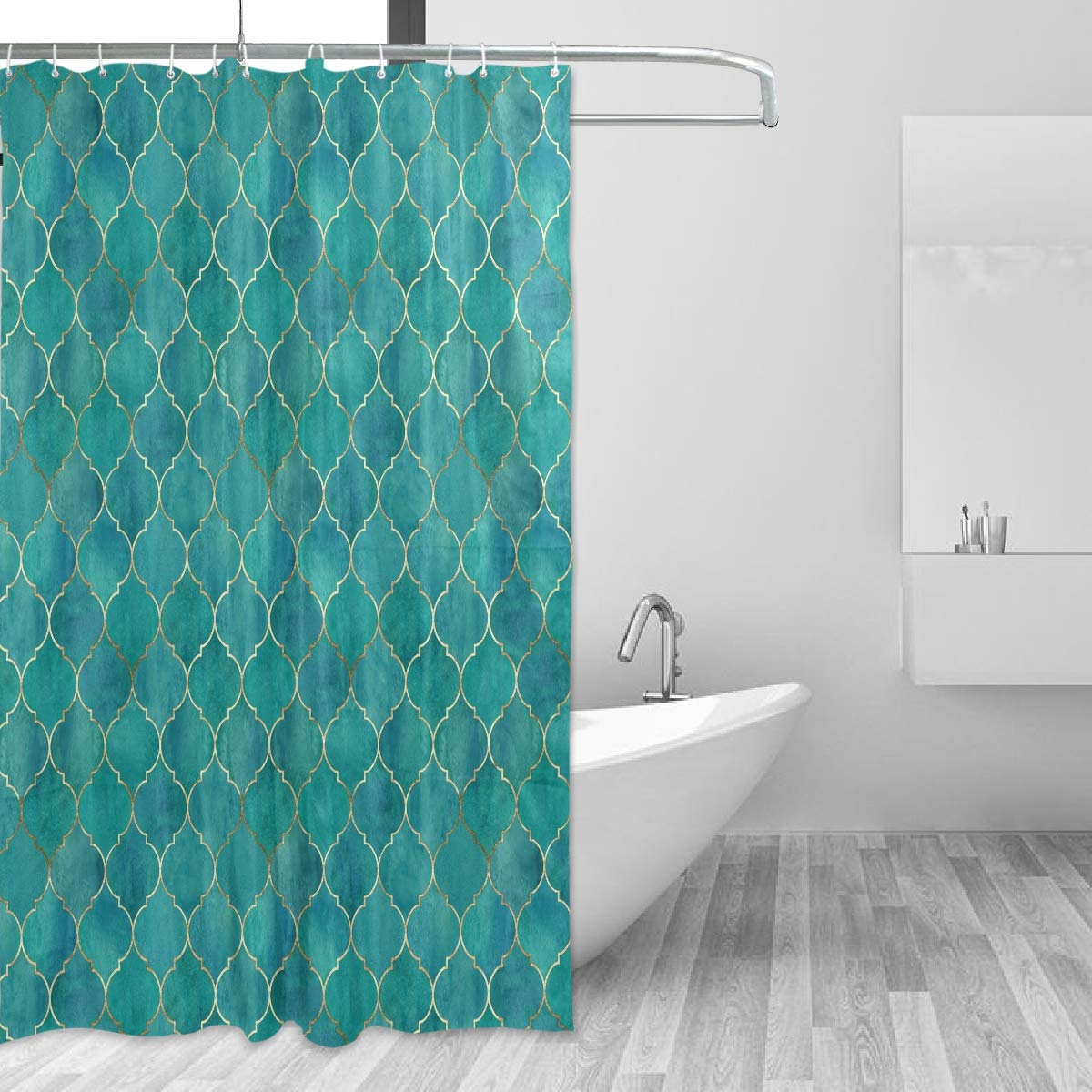 ALAZA Shower Curtain, Vintage Decorative Moroccan With Gold Line Teal Bathroom Waterproof Polyester Curtains Accessories With Hooks For Home Decorative (153cm x 183cm)