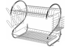 Dish Drying Rack, S-Shaped Metal 2 Tier Dish Drying Rack with Water Cup Hook & Cutlery Holder for Kitchen Counter 15.7x10.2x1