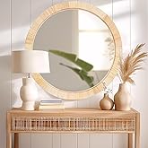 Rattan Mirror,Round Boho Bathroom Mirror for Wall,24" Circle Wicker Vanity Mirror for Nursery DΓ©cor,Coastal Farmhouse Wood Mirror for Bedroom Entryway Living Room