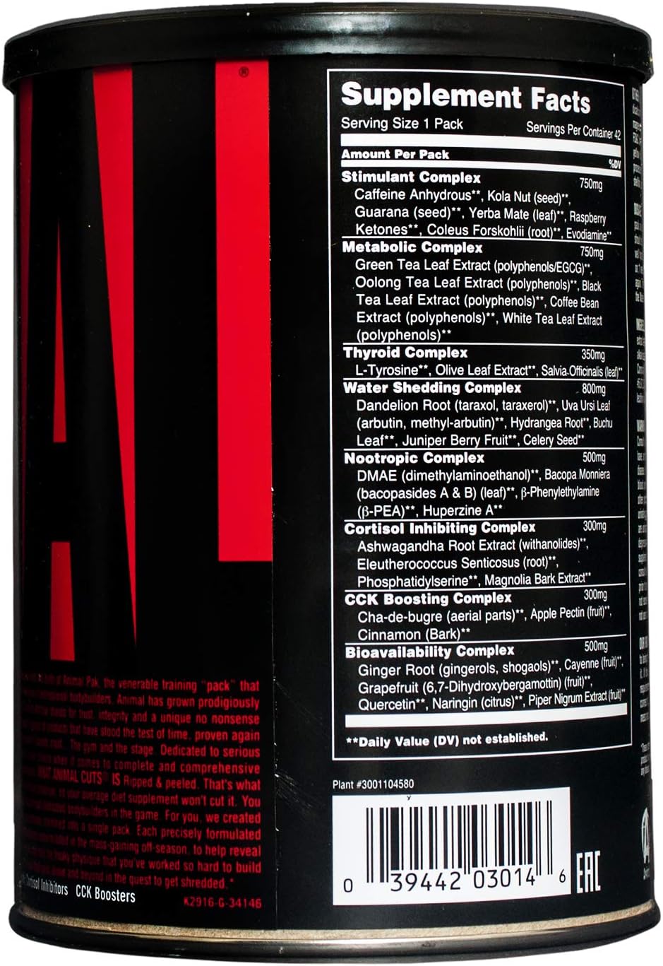 Animal Cuts – All-in-one Complete Fat Burner Supplement with Thermogenic and Metabolism Support - Energy Booster, Raspberry Ketones and Thyroid Complex – 42 Packs, Default, 42 cm: Health & Personal Care