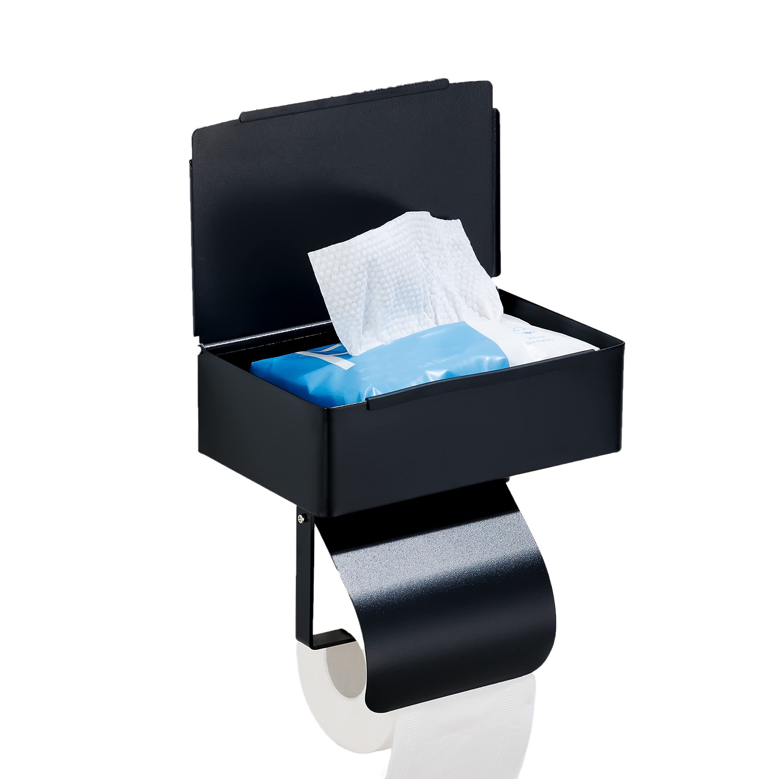 Black Toilet Roll Holder Wall Mounted Dustproof Toilet Paper Roll Holder with Storeage Shelf, No Drilling, Stainless Steel Roll Holder Toilet Tissue Hanger for Restroom Bathroom Kitchen