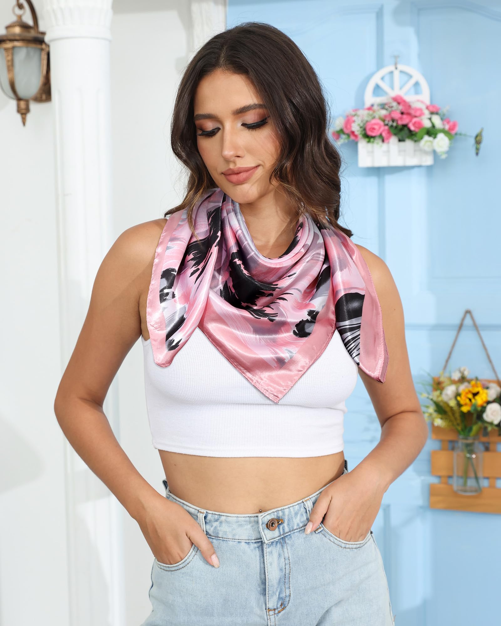 AWAYTR 35” Satin Head Scarf for Women Like Silk Scarf Hair Bandanas Women Large Square Neck Scarf Headscarf Head Wrap