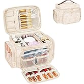 Bagmoly Large Makeup Bag, Portable Travel Makeup Bag Organizer for Women Girls with Makeup Brush Compartment & Two Side Pockets, Cosmetic Travel Bag Vertical Storage Toiletry - Beige