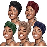 DRESHOW 5 Pack Knotted Headwraps for Women African Turban Pre-Knotted Beanie Headwraps Hair Covers