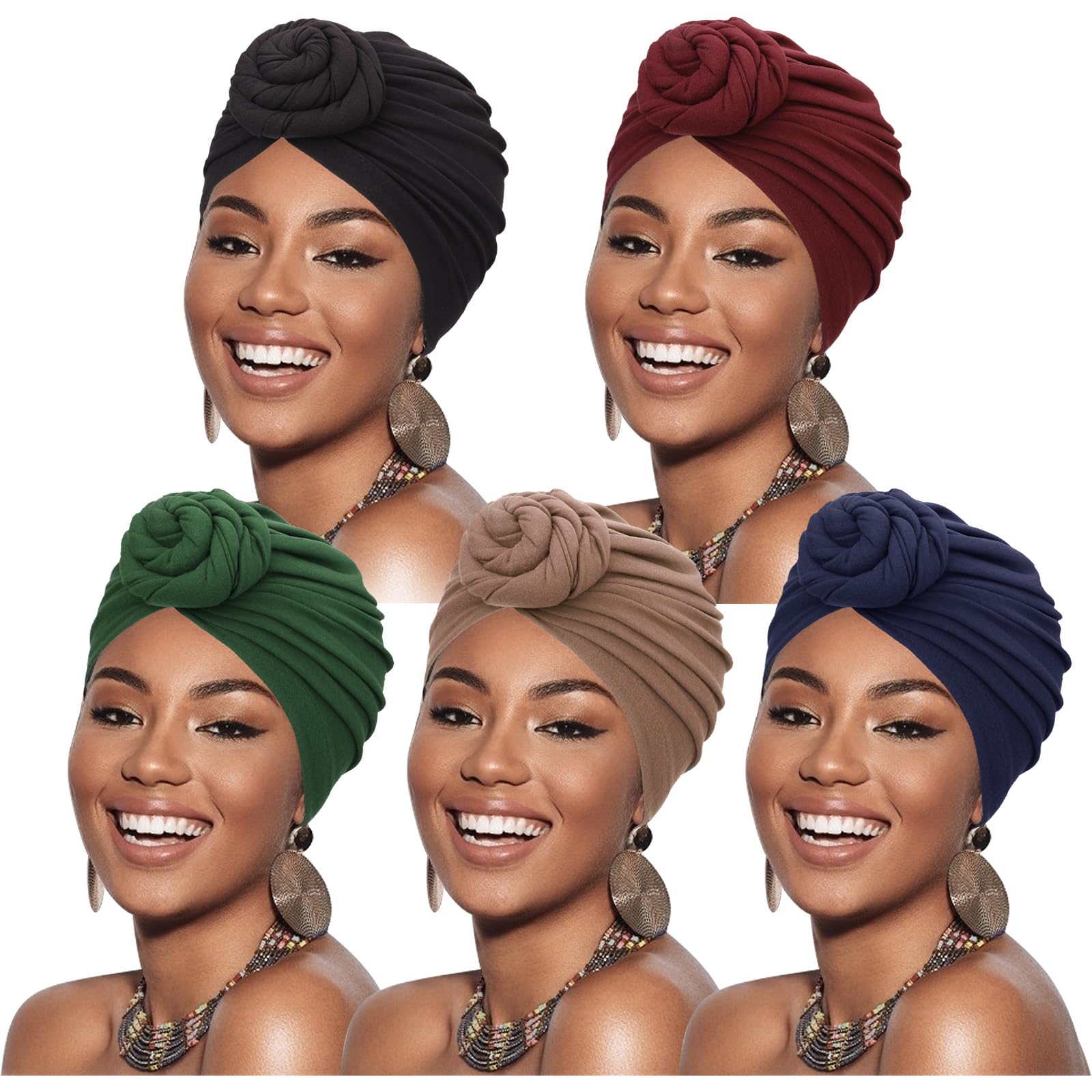 Photo 1 of DRESHOW 5 Pack Knotted Headwraps for Women African Turban Pre-Knotted Beanie Headwraps Hair Covers