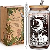 Enanaimg The Moon Tarot Card Cat Glass Cup Gifts for Women Girls Bestie Girlfriend Pet Lover, Funny Meow Witchy Cats Iced Coffee Glass Gift for Cats Mom, Mystical Spooky Cute Witchy Gothic Graduation