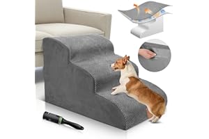 Kphico Pet Stairs,Non-Slip Dog Steps 3 Tiers,15.7" High Density Foam Dog Ramps,Extra Wide Deep Pet Steps for High Beds Couch,Idea for Older Dogs,Cats,Pet with Joint Pain-Send 1 Pet Hair Remover Roller