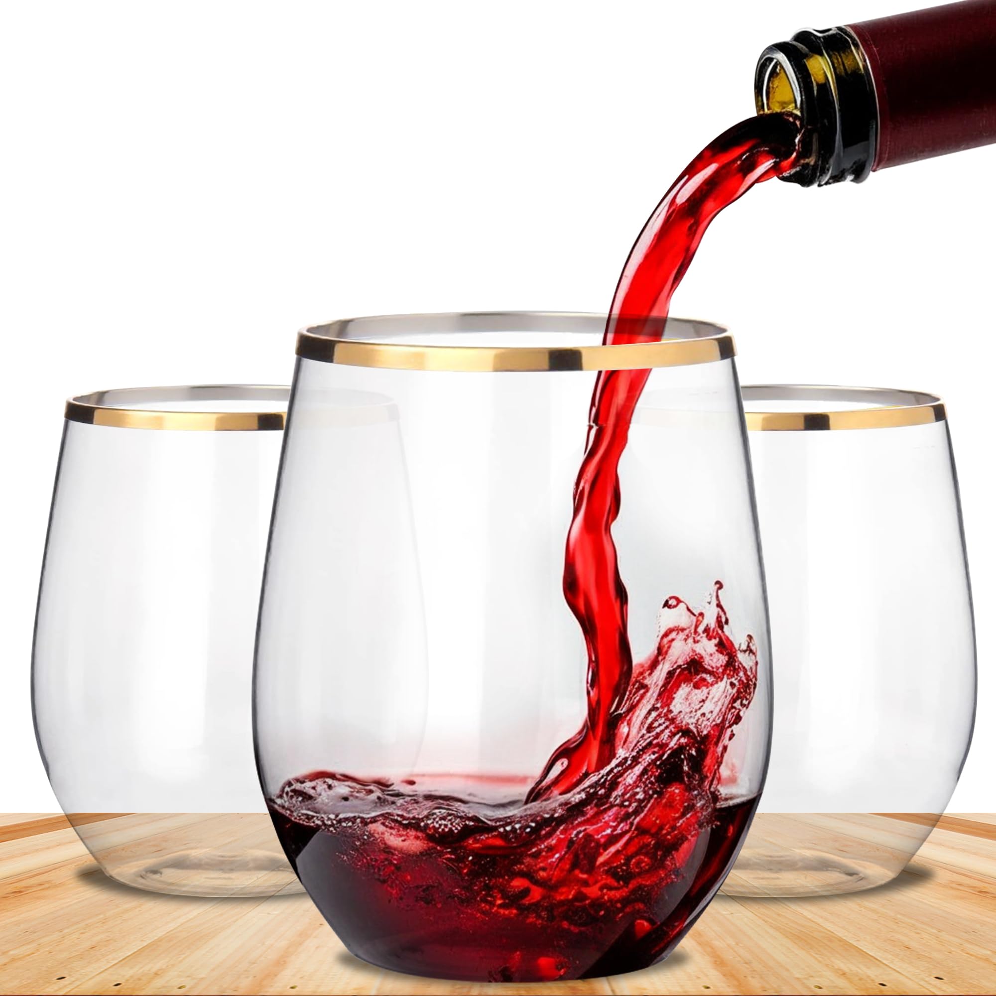 BEEPOP 12 oz Gold Rim Unbreakable Plastic Wine Glasses – Set of 12 Reusable Tumblers | BPA-Free, Drop-Proof, Recyclable Cocktail Glasses for Garden Parties, BBQs, Poolside, Hot Tubs & Picnics