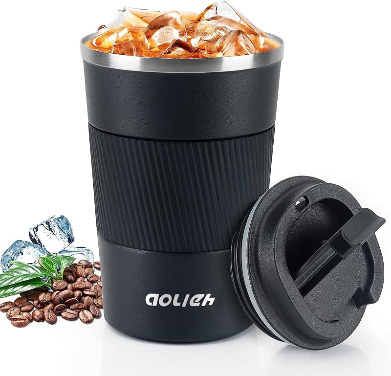 Aolieh Travel Mug 380 ml Insulated Stainless Steel Cup with Lid Black