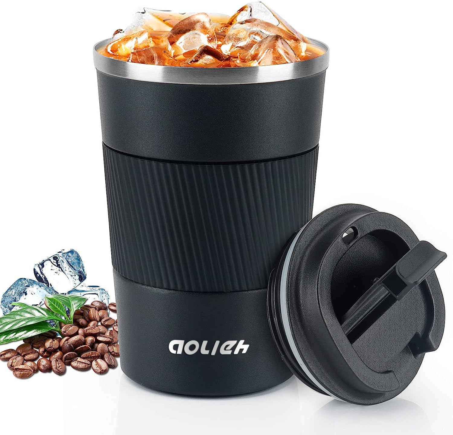 Aolieh Travel Mug, Insulated Coffee Cup,Double Walled Travel Mug Vacuum Insulation Stainless Steel with Leakproof Lid Eco-Friendly Reusable Cup for Coffee,Tea and Beer(Black-380ML)