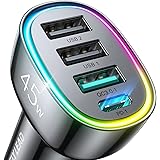 USB C Car Charger, 45W 4 Ports Super Fast Car Charger Adapter, PD3.0 & QC3.0 30W Type C Car Charger Compatible with iPhone 15