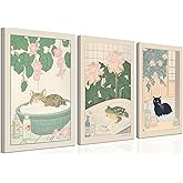 JBZDD Funny Bathroom Canvas Wall Art Set of 3, Japanese Black Cat Tabby Cats Frogs Wall Decor Paintings Cute Bathroom Posters Prints Pictures for Bedroom Toilet Home Decor 12x16 Inch Framed