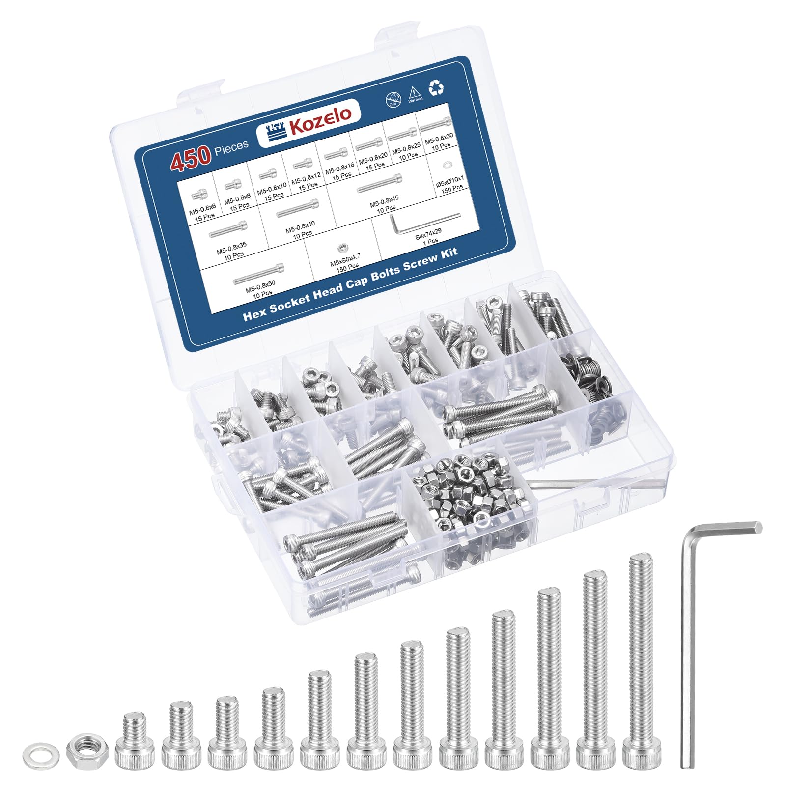 Kozelo 450pcs M5 Socket Head Cap Screws Bolts Nuts Assortment Kit - [M5x6/8/10/12/16/20/25/30/35/40/45/50mm] 304 Stainless Steel Allen Socket Drive for 3D Printer with Allen Wrench
