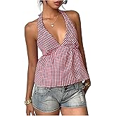 SOLY HUX Women's Gingham Top Plaid Babydoll Tops Checkered Halter V Neck Summer Peplum Cute Tank Top